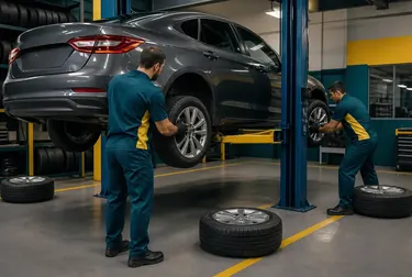 Mecânico realizando rodízio de pneus.