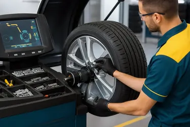 Profissional balanceando rodas em uma borracharia.