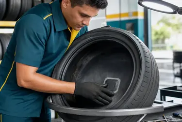 Profissional consertando pneus em uma borracharia.