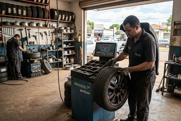 Profissional realizando balanceamento de rodas em uma borracharia.