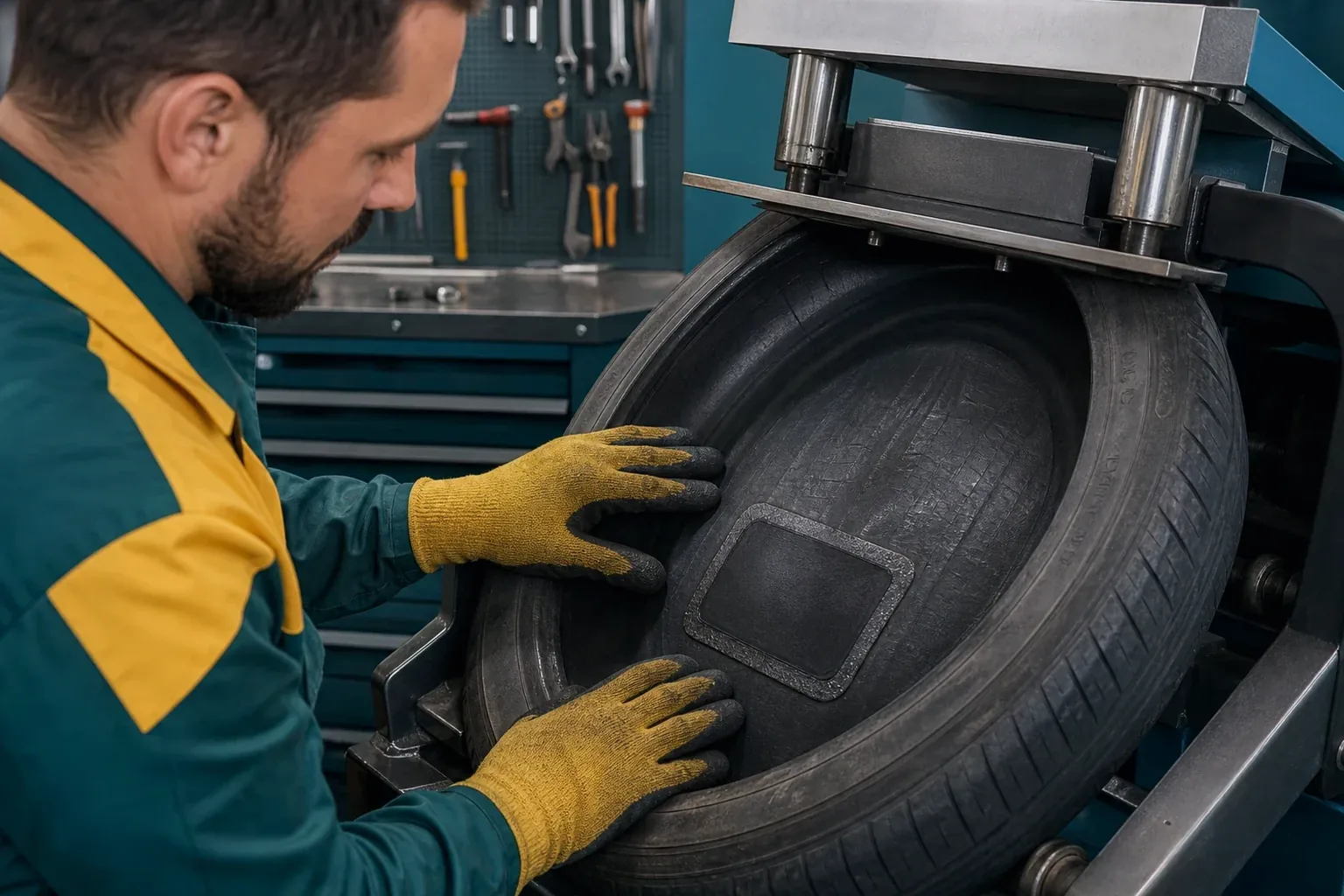 Profissional realizando vulcanização de pneus.